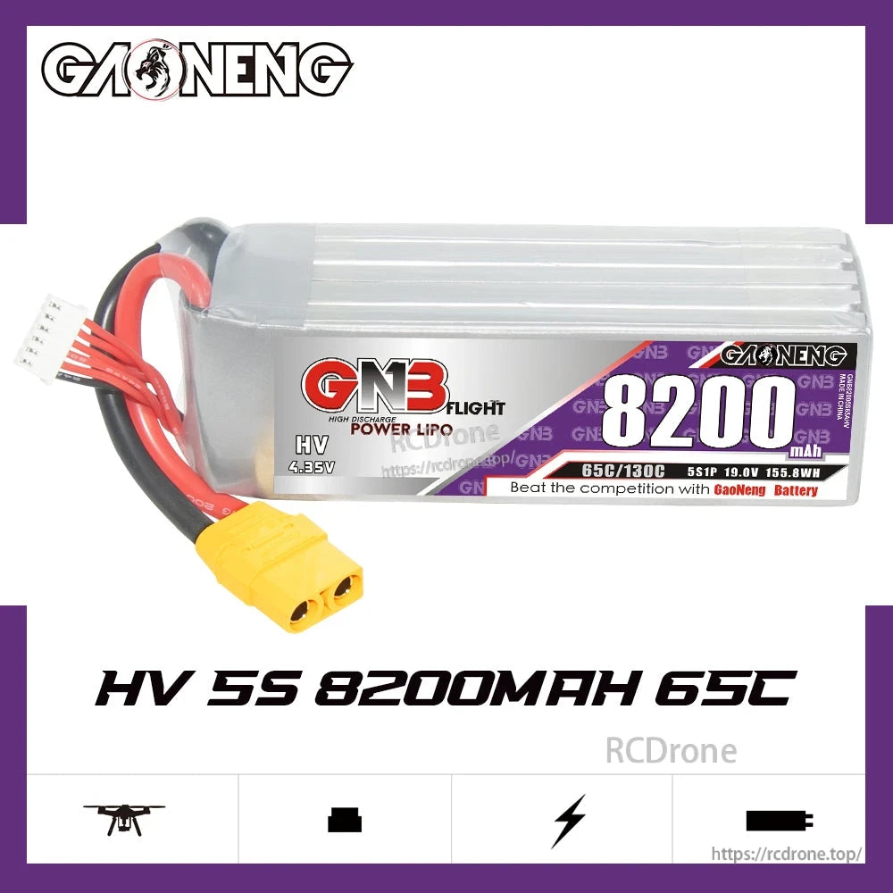 GAONENG GNB HV 5S 8200mAh 65C XT60 LiPo battery side profile with specs label