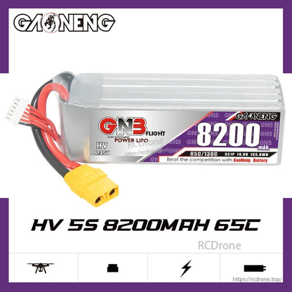 GAONENG GNB HV 5S 8200mAh 65C XT60 LiPo battery side profile with specs label
