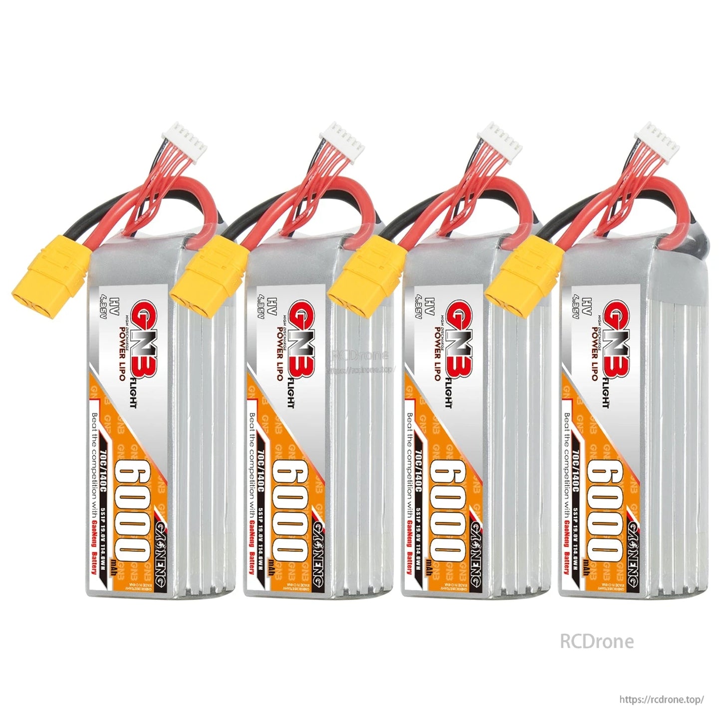 Four upright GNB 6000mAh HV LiPo battery packs shown together with XT90 connectors and balance leads