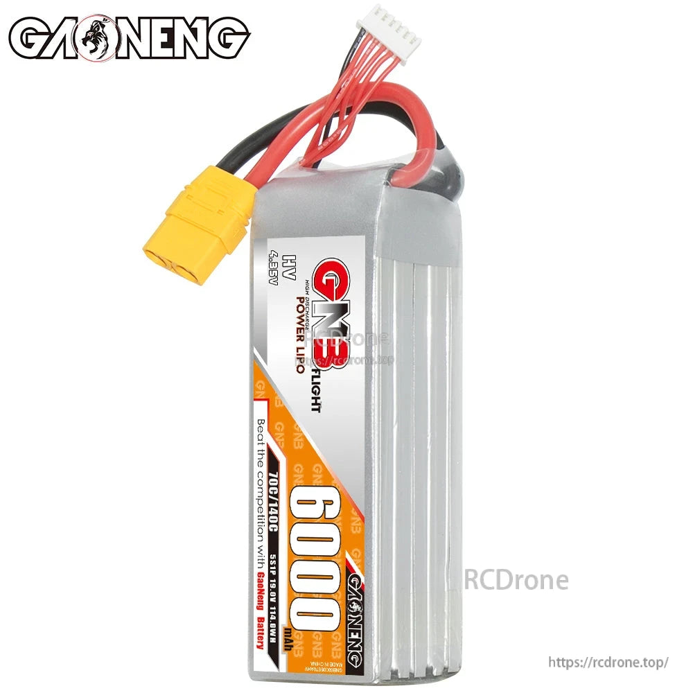 Upright view of GAONENG GNB 6000mAh HV LiPo pack showing front label and wiring exit