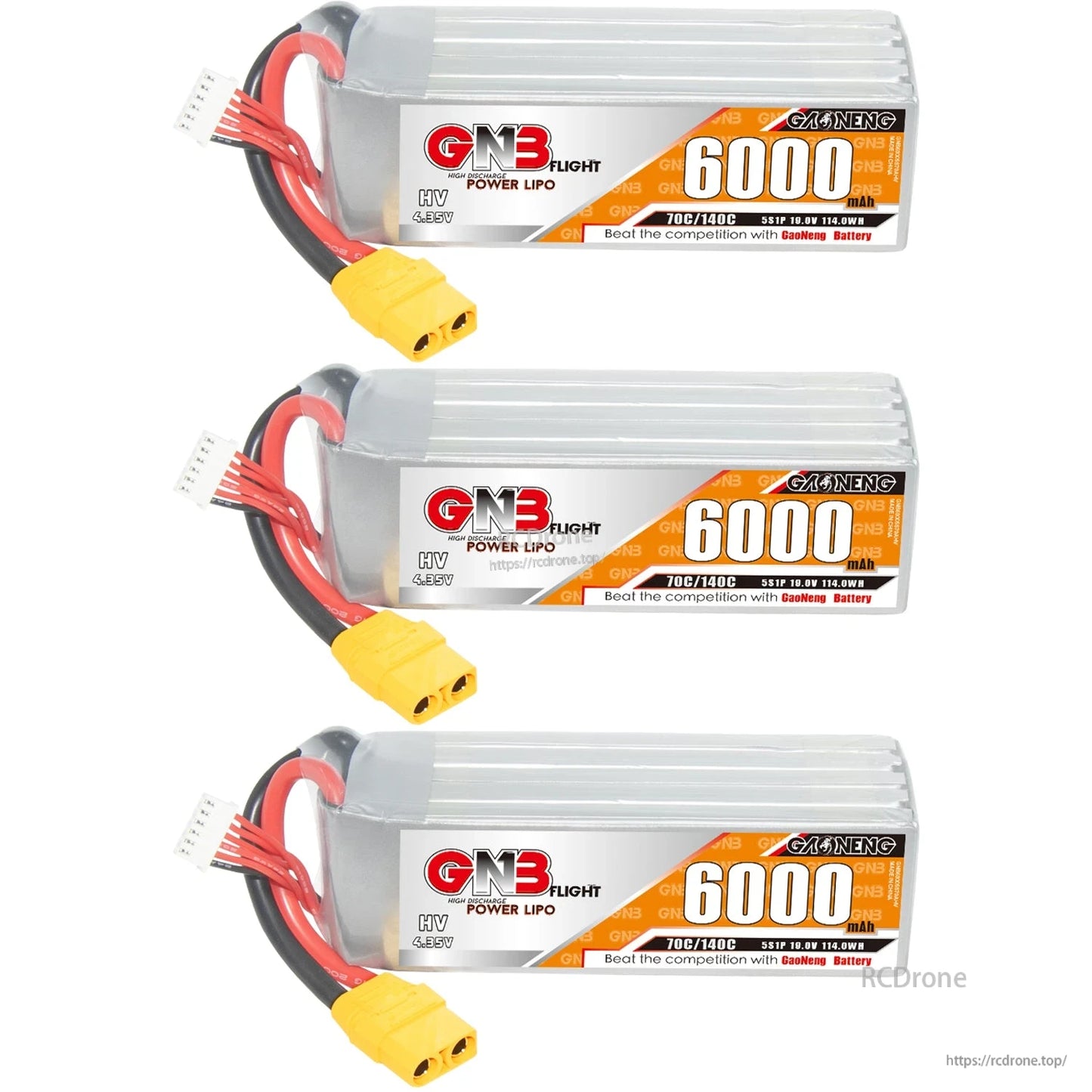 Three GNB 6000mAh HV LiPo batteries shown in a row, each with XT90 connector and balance plug