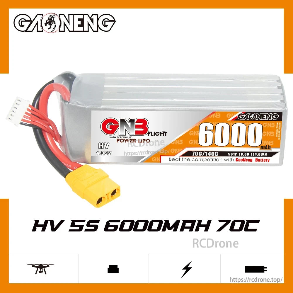 GAONENG GNB HV 5S 6000mAh 70C LiHV LiPo battery label graphic, side view with XT90 lead