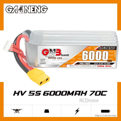 GAONENG GNB HV 5S 6000mAh 70C LiHV LiPo battery label graphic, side view with XT90 lead
