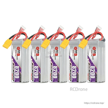 Five GNB 8200mAh HV LiPo batteries in a row, upright label view with XT90 connectors