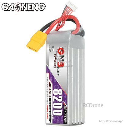 Single upright battery showing GNB Flight 8200 label panel, HV LiPo marking and balance lead