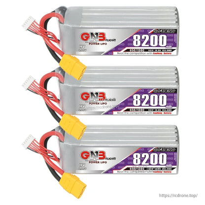 Three GNB 8200mAh HV 5S LiPo batteries shown in a stack with XT90 connectors