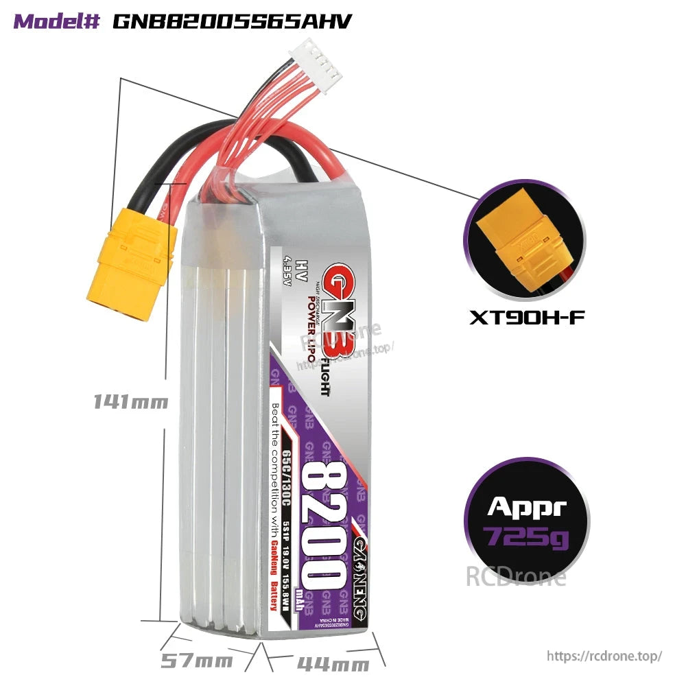 Battery size and connector details: 141×57×44mm, XT90H-F plug, approx. 725g (GNB82005S65AHV)