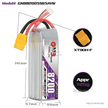 Battery size and connector details: 141×57×44mm, XT90H-F plug, approx. 725g (GNB82005S65AHV)