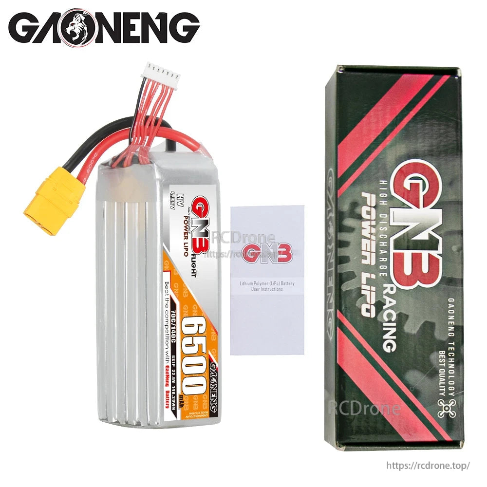 Package contents: GNB 6500mAh 6S LiHV battery pack, retail box, and included instruction leaflet