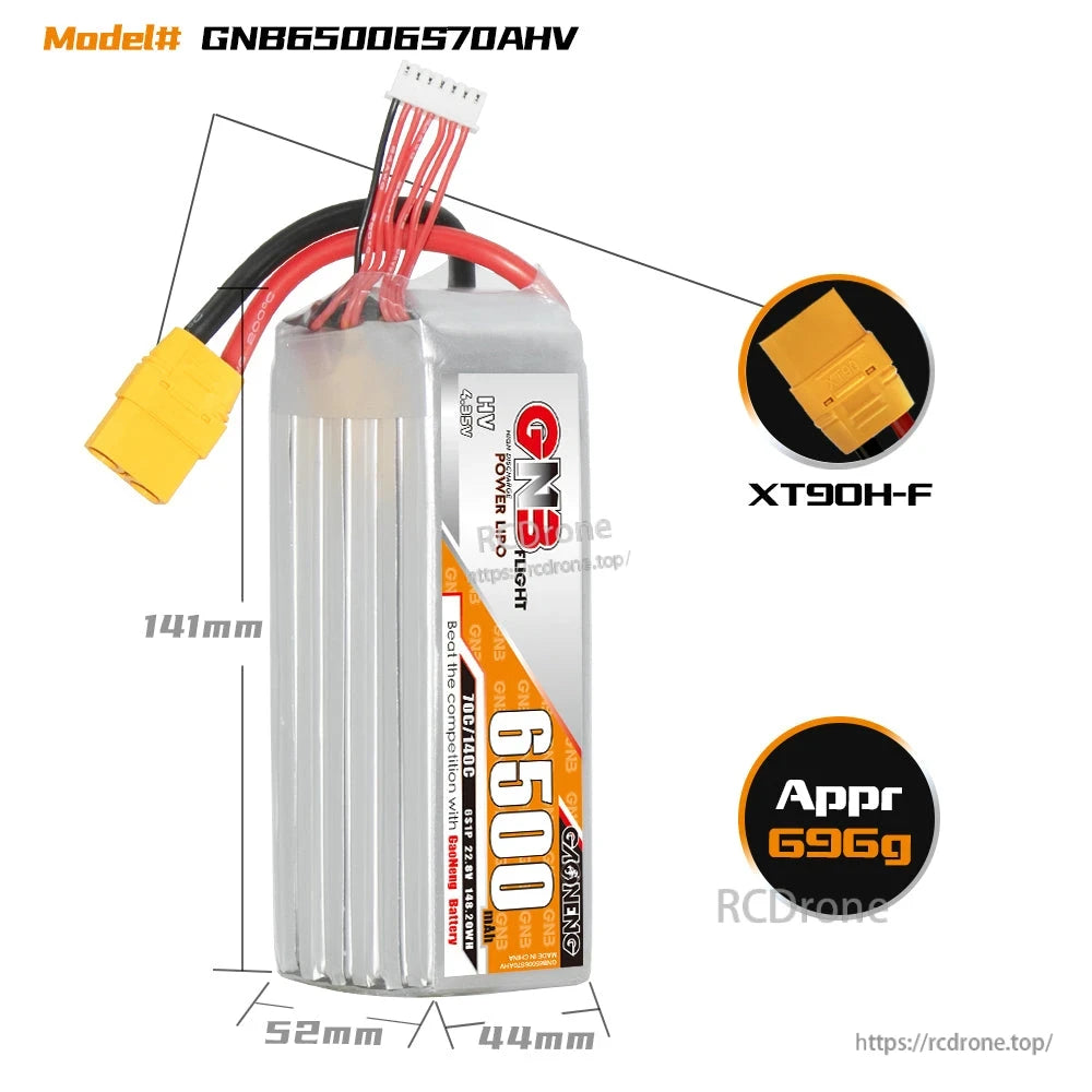 GNB 6S 6500mAh LiHV battery dimensions diagram with XT90H-F connector callout and approx. 696g weight