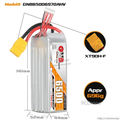 GNB 6S 6500mAh LiHV battery dimensions diagram with XT90H-F connector callout and approx. 696g weight