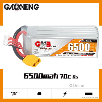 GAONENG GNB HV 6S 6500mAh 70C LiHV LiPo battery pack, side profile with label and XT90 lead