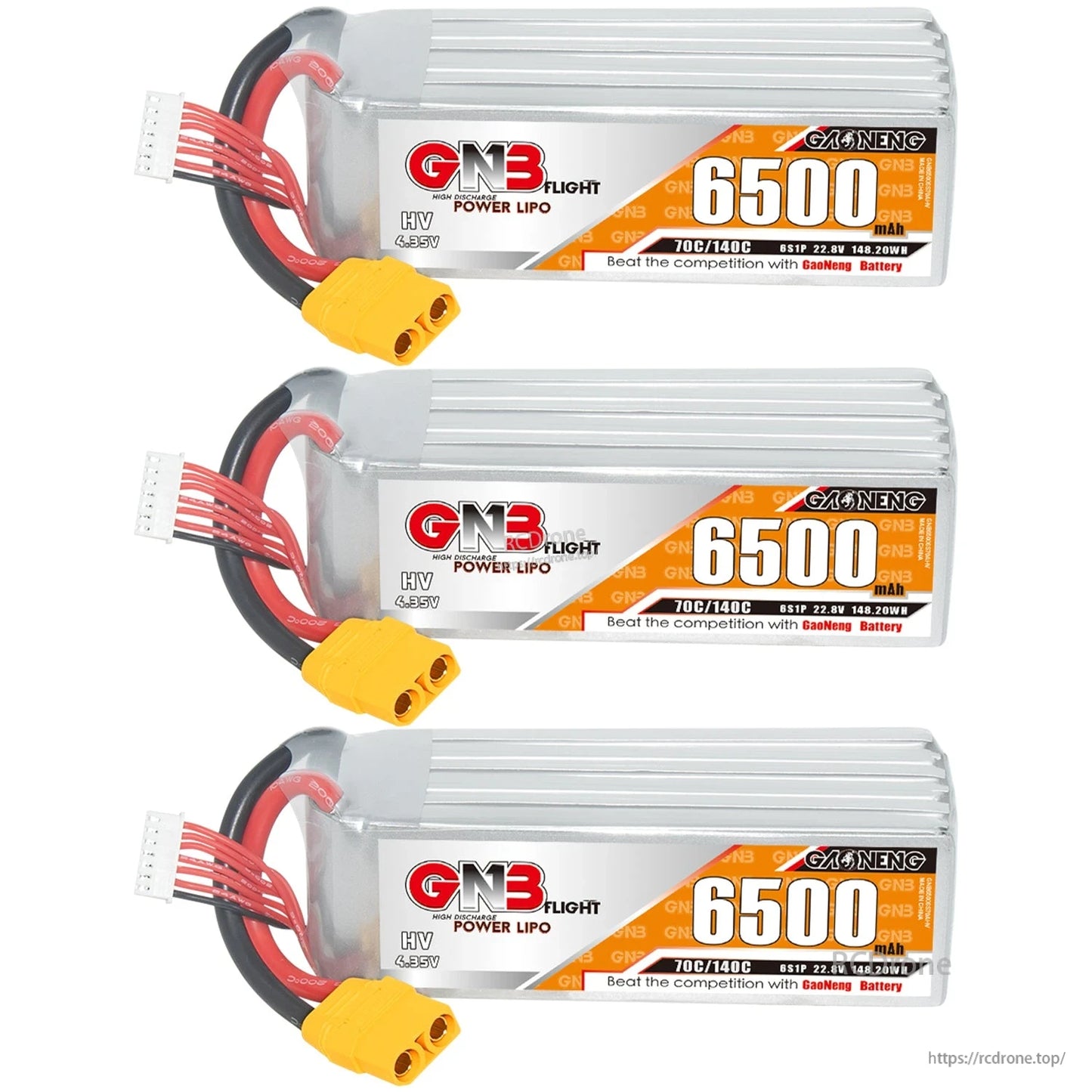Three GNB 6500mAh 6S LiHV LiPo batteries lined up horizontally, each with XT90 connector and balance lead