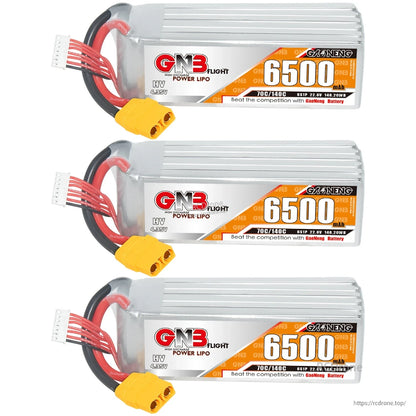Three GNB 6500mAh 6S LiHV LiPo batteries lined up horizontally, each with XT90 connector and balance lead