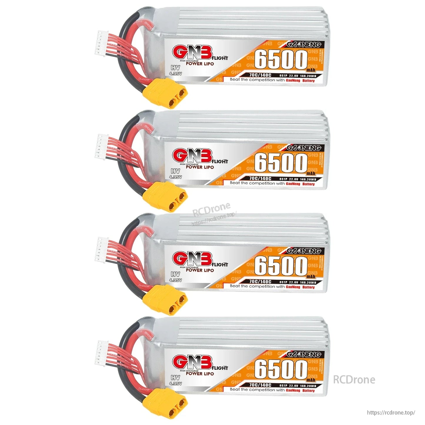Four GNB 6500mAh 6S LiHV LiPo battery packs stacked, showing labels, XT90 connectors, and balance leads