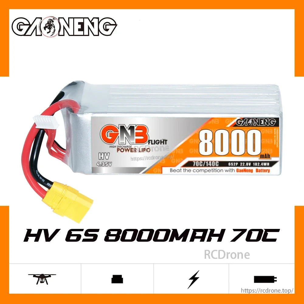 GNB HV 6S 8000mAh 70C LiHV LiPo battery XT90, side profile with 'HV 6S 8000mAh 70C' graphic