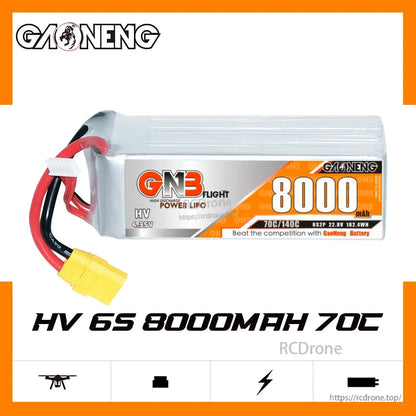 GNB HV 6S 8000mAh 70C LiHV LiPo battery XT90, side profile with 'HV 6S 8000mAh 70C' graphic