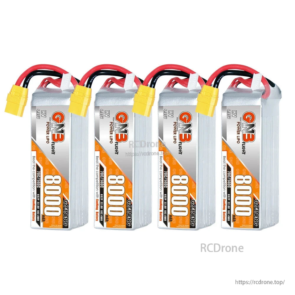 Four GNB HV 6S 8000mAh LiHV LiPo batteries lined up, front label view