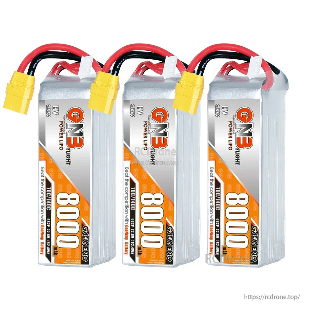 Three-pack display of GNB HV 6S 8000mAh LiHV LiPo batteries with XT90 connectors