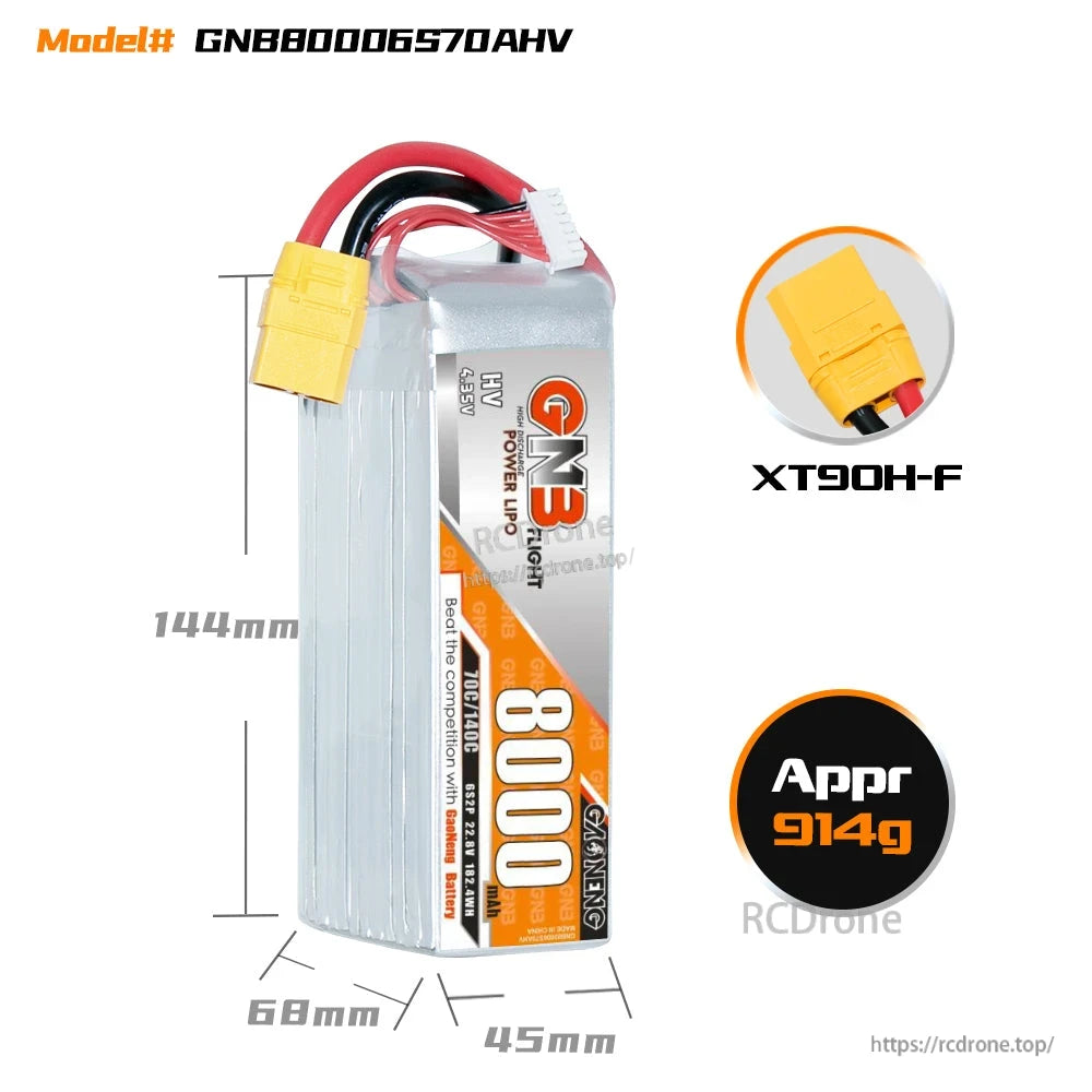 Battery size diagram showing 144×68×45 mm, XT90H-F plug detail, approx weight 914 g