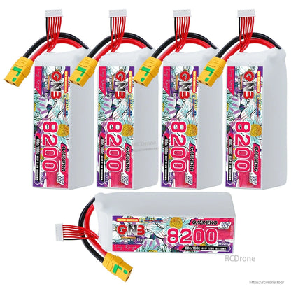 Bundle display: four upright GNB 8200mAh HV 6S packs plus one pack shown horizontally with label visible
