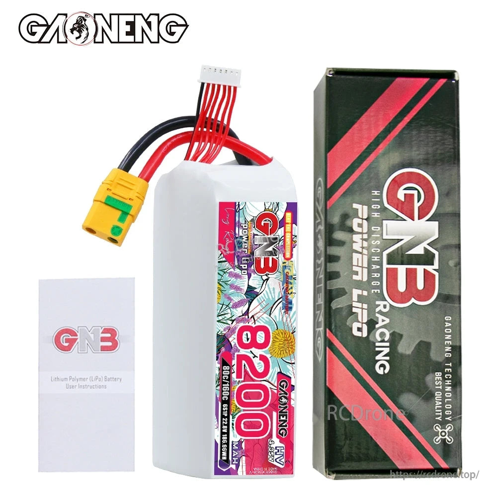 Package contents: GNB 8200mAh HV 6S battery, retail box, and user instruction leaflet