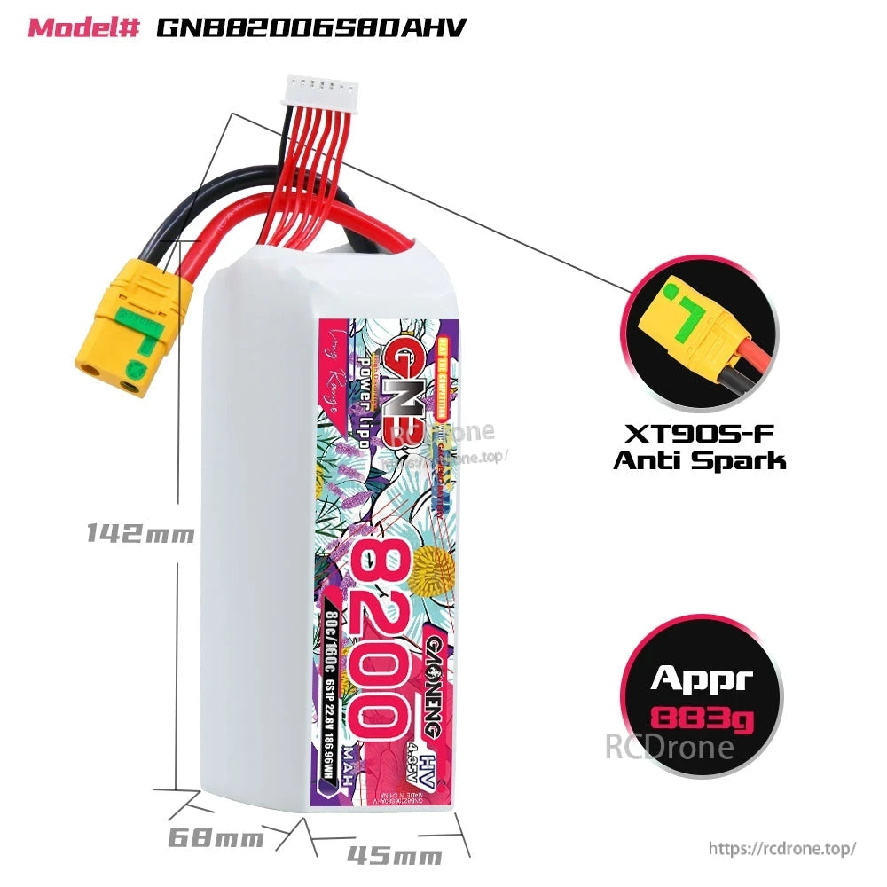 Battery dimensions graphic with XT90S-F anti-spark connector close-up and approx weight 883g callout