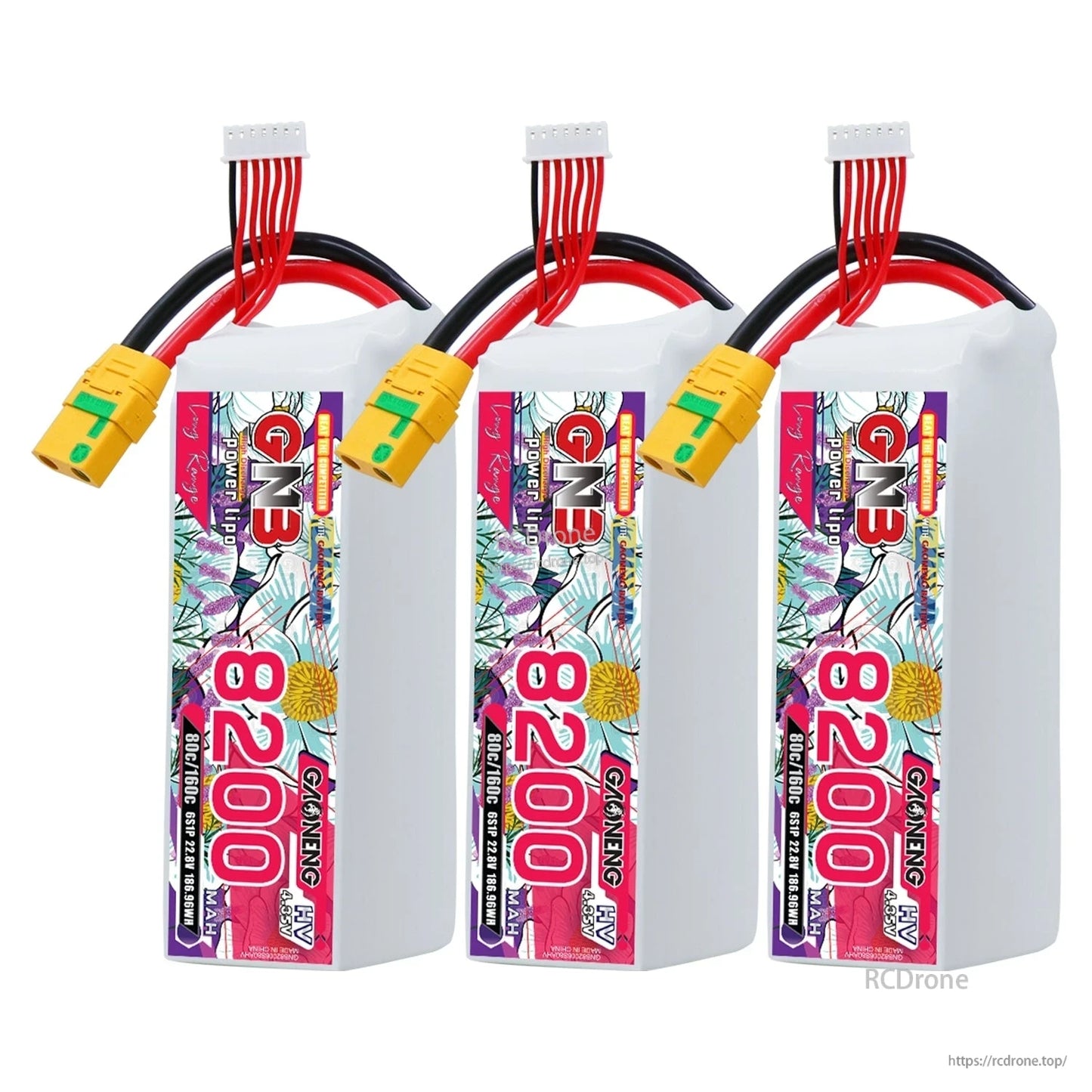 Three GNB 8200mAh HV 6S LiHV LiPo batteries lineup with XT90S connectors and balance leads