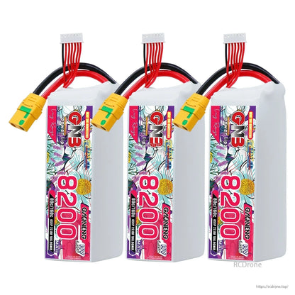 Three GNB 8200mAh HV 6S LiHV LiPo batteries lineup with XT90S connectors and balance leads