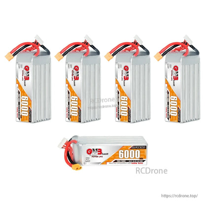 Five GNB HV 8S 6000mAh batteries shown together, four upright and one horizontal