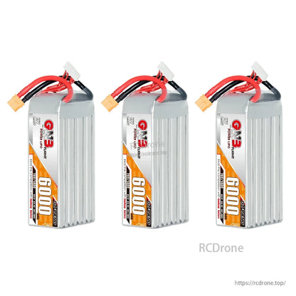 Three GNB 8S 6000mAh LiHV LiPo batteries displayed upright with XT60 connectors