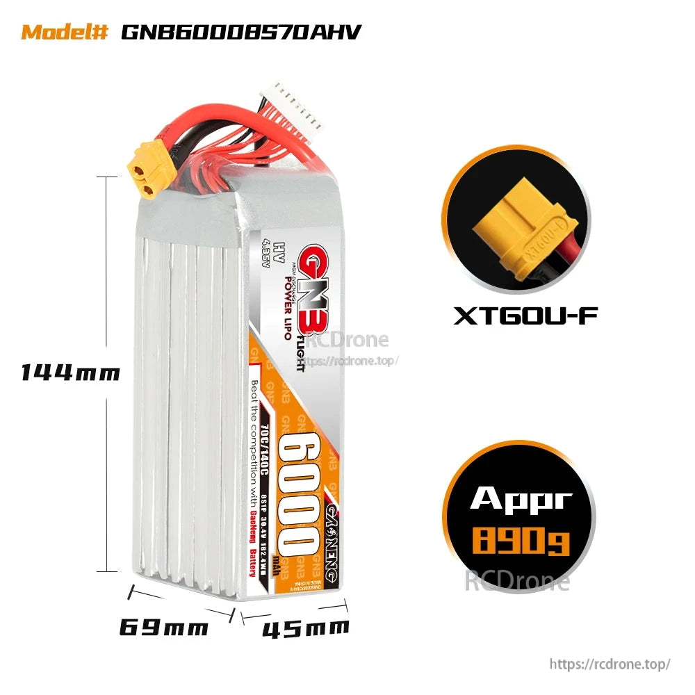 GNB6000 8S 70C battery dimensions 144×69×45mm, XT60U-F connector close-up, approx 890g