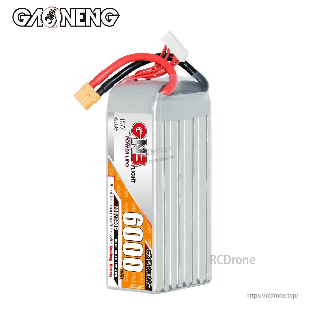 Angled view of GNB HV 8S 6000mAh battery showing label side and balance lead