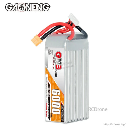 Angled view of GNB HV 8S 6000mAh battery showing label side and balance lead