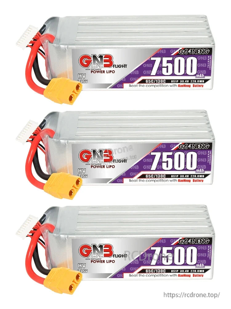 Three GNB HV 8S 7500mAh LiHV LiPo batteries shown in a row, XT90 connectors visible
