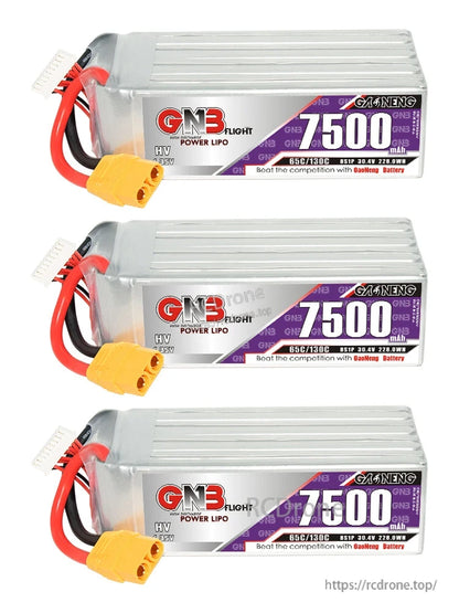 Three GNB HV 8S 7500mAh LiHV LiPo batteries shown in a row, XT90 connectors visible