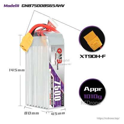 GNB75008S65AHV battery dimensions 145×80×45mm, XT90H-F connector, approx 1010g
