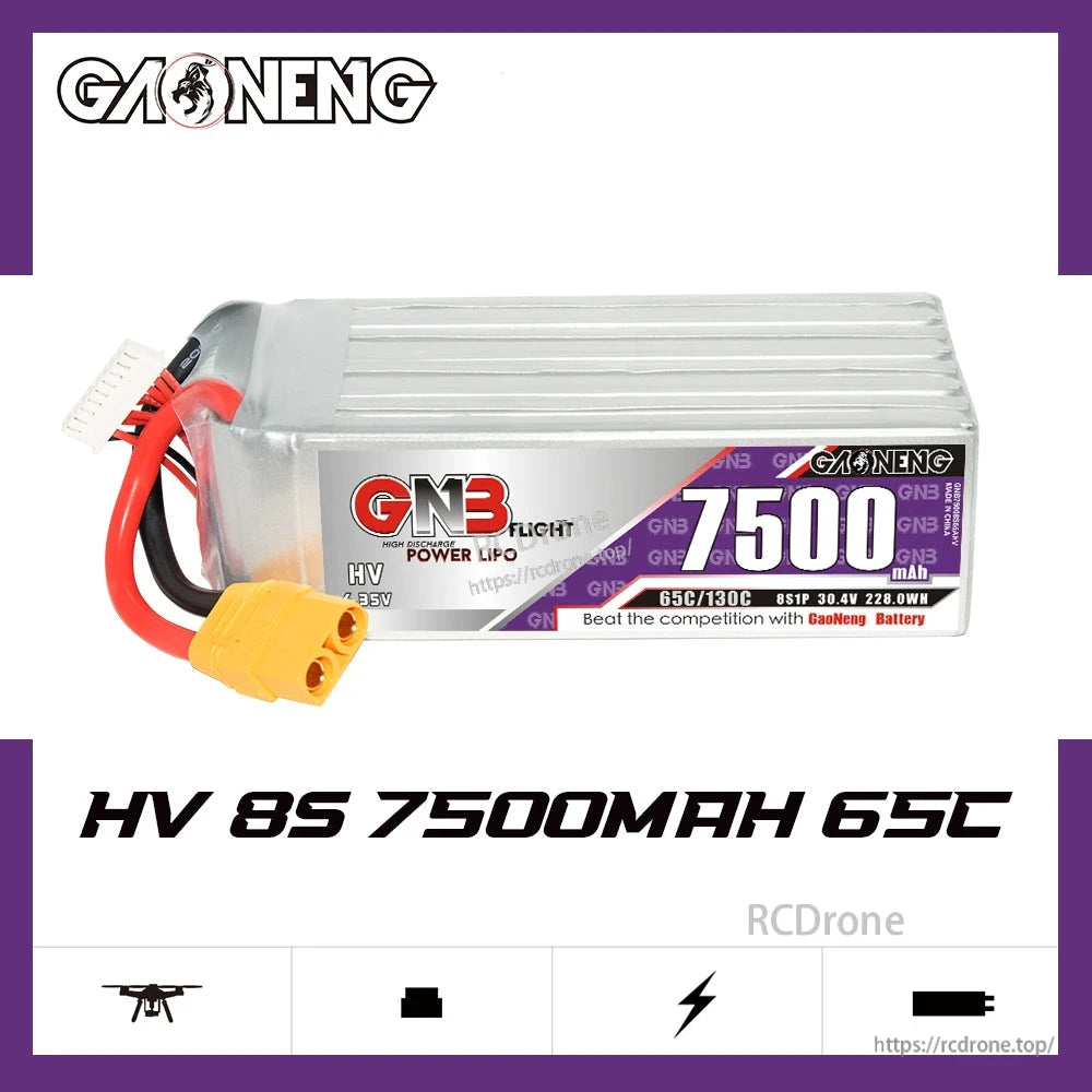 GAONENG GNB HV 8S 7500mAh 65C LiHV LiPo battery XT90, product graphic on white background