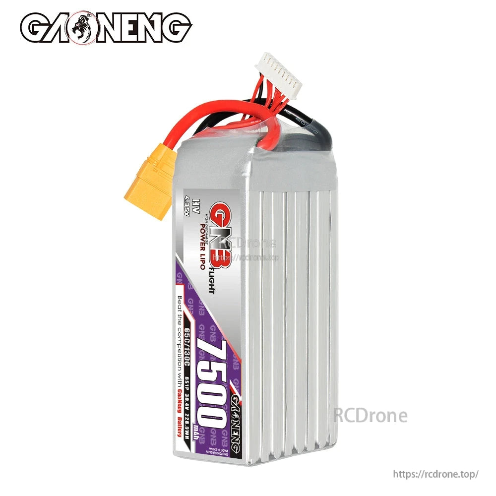Vertical front view of GNB HV LiPo battery showing 7500 label and balance plug leads