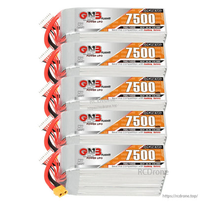 Stack of five GNB 7500mAh HV LiPo batteries, side labels and wiring visible