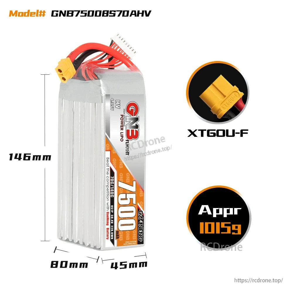 Battery dimensions and connector detail: 146 x 80 x 45mm, XT60U-F plug, approx weight 1015g