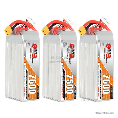 Three GNB 7500mAh LiPo batteries shown together, front label views