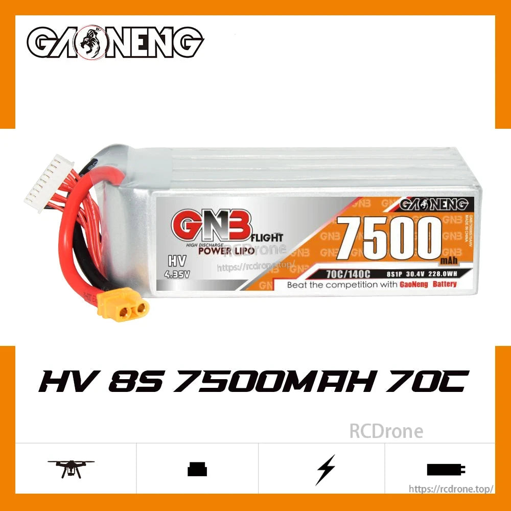 GAONENG GNB HV 8S 30.4V 7500mAh 70C LiHV LiPo battery XT60, side view on white graphic