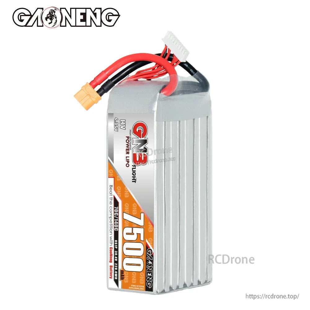 GNB 7500mAh battery upright, label side with XT60 lead and balance connector