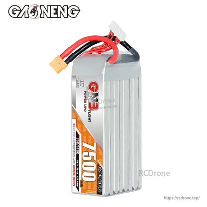 GNB 7500mAh battery upright, label side with XT60 lead and balance connector