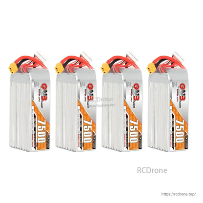 Four GNB 7500mAh batteries lineup, front labels and XT60 leads visible