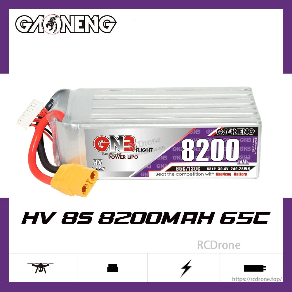 GAONENG GNB HV 8S 8200mAh 65C LiHV LiPo battery with XT90 lead, side profile graphic