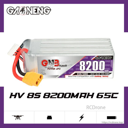 GAONENG GNB HV 8S 8200mAh 65C LiHV LiPo battery with XT90 lead, side profile graphic