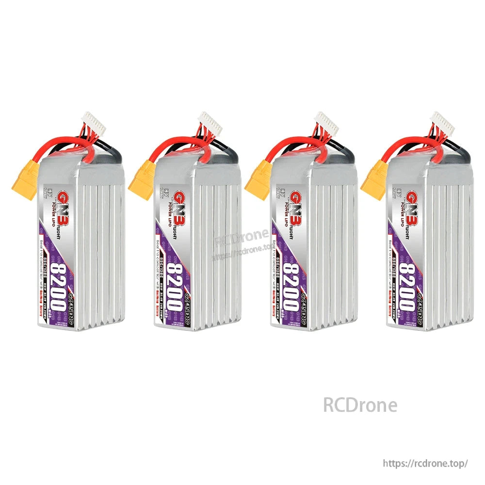 Four GAONENG GNB 8200mAh LiHV batteries shown standing upright in a row