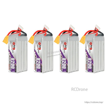 Four GAONENG GNB 8200mAh LiHV batteries shown standing upright in a row